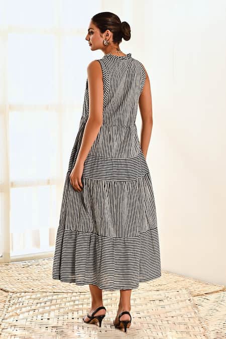 Shop Moontara Black Cotton Tassels V-neck Stripe Pattern Sleeveless Dress at Aza Fashions Shop_Moontara_Black Cotton Tassels V-neck Stripe Pattern Sleeveless Dress _at_Aza_Fashions