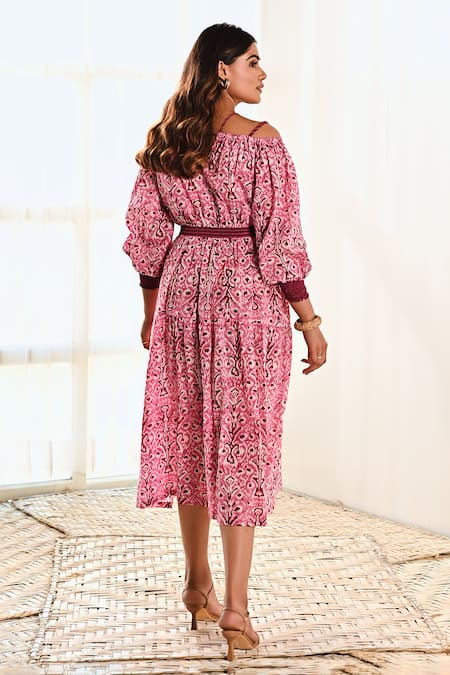 Shop Moontara Pink Cotton Embroidery V-neck Ikat Print Cold Shoulder Dress at Aza Fashions Shop_Moontara_Pink Cotton Embroidery V-neck Ikat Print Cold Shoulder Dress _at_Aza_Fashions