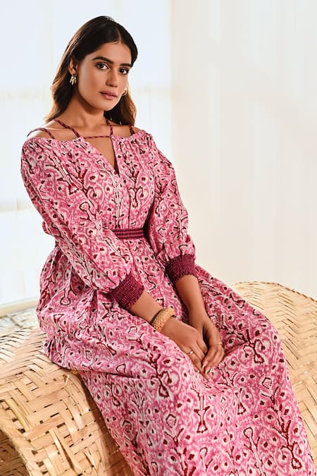 Moontara Pink Cotton Embroidery V-neck Ikat Print Cold Shoulder Dress Online at Aza Fashions Moontara_Pink Cotton Embroidery V-neck Ikat Print Cold Shoulder Dress _Online_at_Aza_Fashions