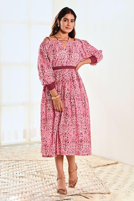 Buy Moontara Pink Cotton Embroidery V-neck Ikat Print Cold Shoulder Dress Online at Aza Fashions Buy_Moontara_Pink Cotton Embroidery V-neck Ikat Print Cold Shoulder Dress _Online_at_Aza_Fashions