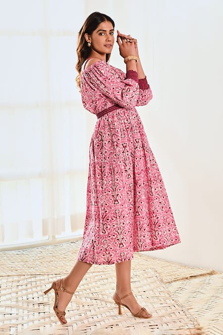 Shop Moontara Pink Cotton Embroidery V-neck Ikat Print Cold Shoulder Dress Online at Aza Fashions Shop_Moontara_Pink Cotton Embroidery V-neck Ikat Print Cold Shoulder Dress _Online_at_Aza_Fashions