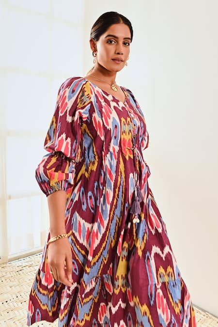 Shop Moontara Purple Cotton V-neck Abstract Print Balloon Sleeve Dress Online at Aza Fashions Shop_Moontara_Purple Cotton V-neck Abstract Print Balloon Sleeve Dress _Online_at_Aza_Fashions