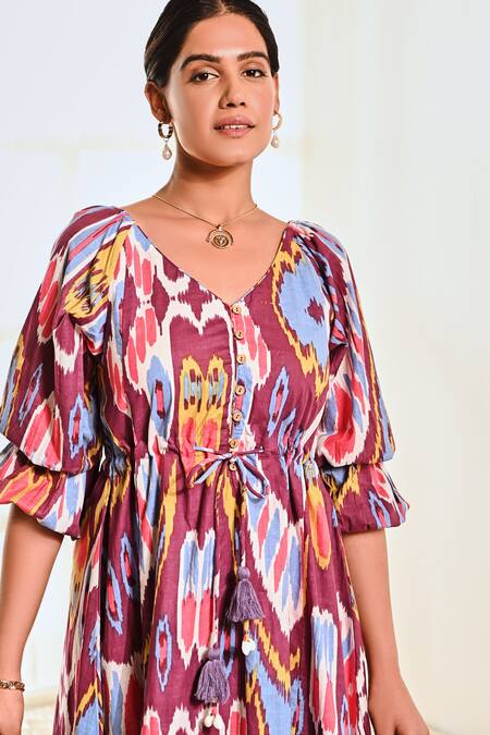 Moontara Purple Cotton V-neck Abstract Print Balloon Sleeve Dress at Aza Fashions Moontara_Purple Cotton V-neck Abstract Print Balloon Sleeve Dress _at_Aza_Fashions