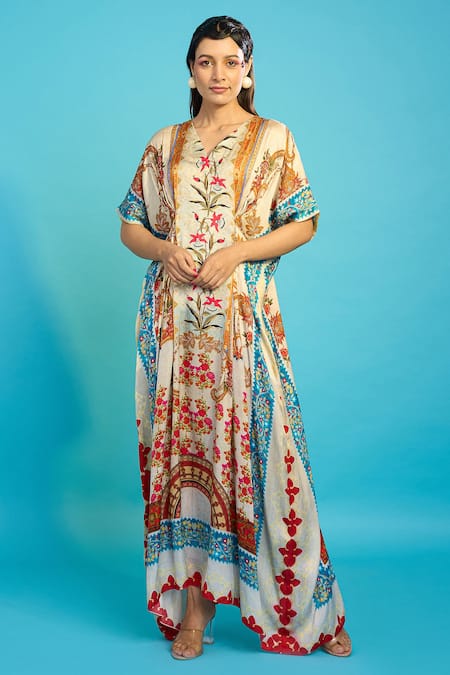 The Boozy Button Multi Color Moroccan Silk Printed Kashmiri Floral V Neck Kaftan  