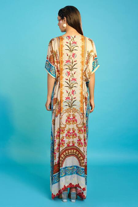 Shop_The Boozy Button_Multi Color Silk Embroidery V-neck Kashmiri Floral Print Kaftan_at_Aza_Fashions