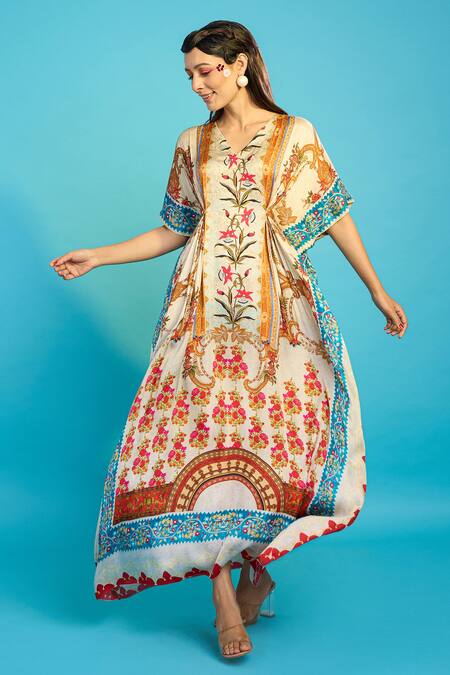 The Boozy Button_Multi Color Silk Embroidery V-neck Kashmiri Floral Print Kaftan_Online_at_Aza_Fashions