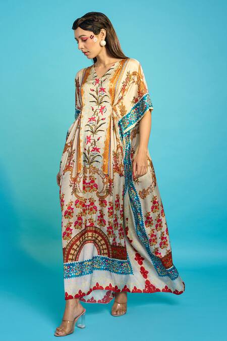 Buy_The Boozy Button_Multi Color Silk Embroidery V-neck Kashmiri Floral Print Kaftan_Online_at_Aza_Fashions