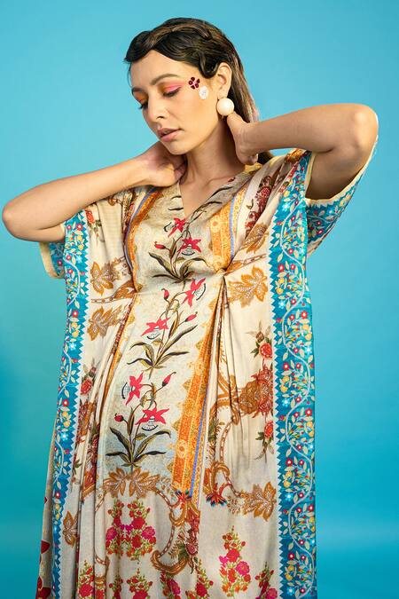 Shop_The Boozy Button_Multi Color Silk Embroidery V-neck Kashmiri Floral Print Kaftan_Online_at_Aza_Fashions