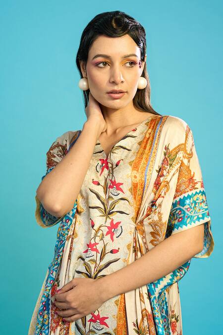 The Boozy Button_Multi Color Silk Embroidery V-neck Kashmiri Floral Print Kaftan_at_Aza_Fashions
