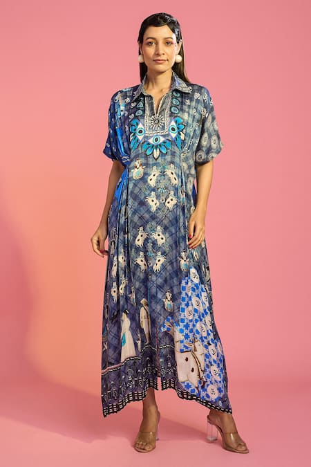 The Boozy Button Blue Moroccan Silk Printed Surreal Collared Front Slit Kaftan 