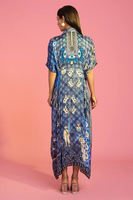 Shop The Boozy Button Blue Silk Collared Surreal Print Front Slit Kaftan at Aza Fashions Shop_The Boozy Button_Blue Silk Collared Surreal Print Front Slit Kaftan_at_Aza_Fashions