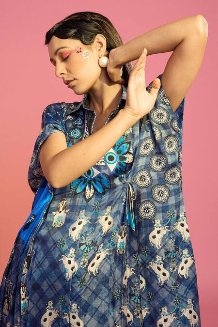 Buy The Boozy Button Blue Silk Collared Surreal Print Front Slit Kaftan Online at Aza Fashions Buy_The Boozy Button_Blue Silk Collared Surreal Print Front Slit Kaftan_Online_at_Aza_Fashions