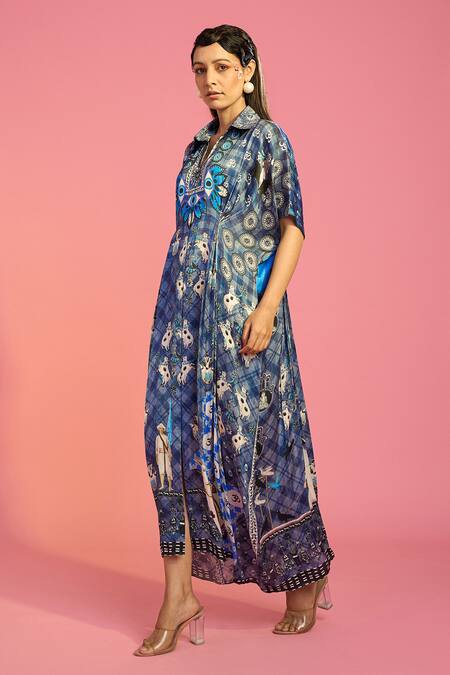 Shop The Boozy Button Blue Silk Collared Surreal Print Front Slit Kaftan Online at Aza Fashions Shop_The Boozy Button_Blue Silk Collared Surreal Print Front Slit Kaftan_Online_at_Aza_Fashions