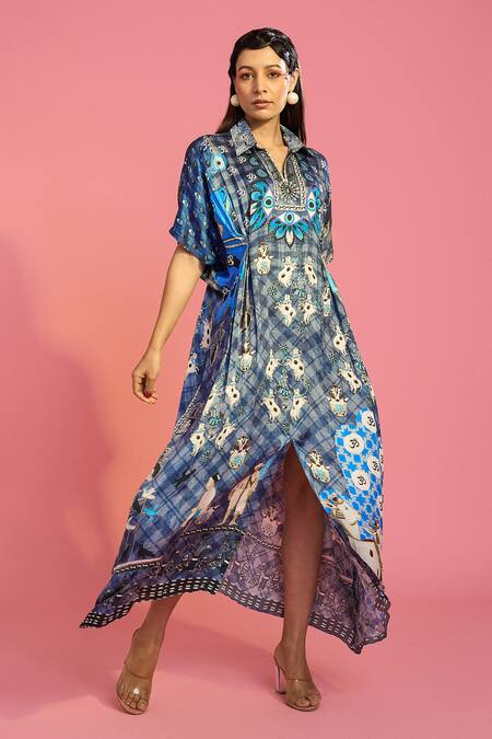 The Boozy Button Blue Silk Collared Surreal Print Front Slit Kaftan at Aza Fashions The Boozy Button_Blue Silk Collared Surreal Print Front Slit Kaftan_at_Aza_Fashions
