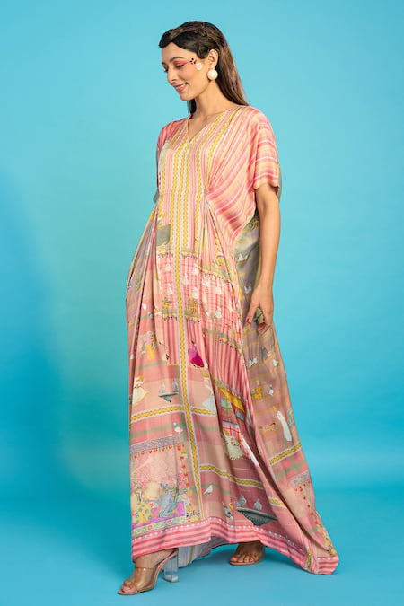 The Boozy Button_Pink Silk V-neck Mughal Palace Print Kaftan_Online_at_Aza_Fashions