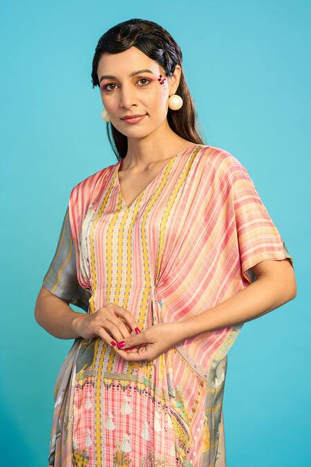 Shop_The Boozy Button_Pink Silk V-neck Mughal Palace Print Kaftan_Online_at_Aza_Fashions