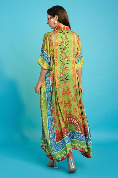 Shop The Boozy Button Green Silk Collared Kashmiri Botanical Print Kaftan at Aza Fashions Shop_The Boozy Button_Green Silk Collared Kashmiri Botanical Print Kaftan_at_Aza_Fashions