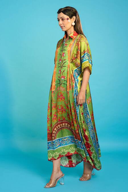 The Boozy Button Green Silk Collared Kashmiri Botanical Print Kaftan Online at Aza Fashions The Boozy Button_Green Silk Collared Kashmiri Botanical Print Kaftan_Online_at_Aza_Fashions
