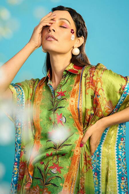 Buy The Boozy Button Green Silk Collared Kashmiri Botanical Print Kaftan Online at Aza Fashions Buy_The Boozy Button_Green Silk Collared Kashmiri Botanical Print Kaftan_Online_at_Aza_Fashions
