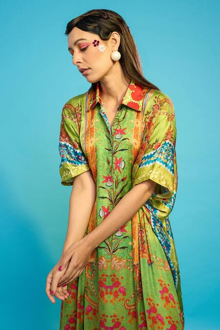 Shop The Boozy Button Green Silk Collared Kashmiri Botanical Print Kaftan Online at Aza Fashions Shop_The Boozy Button_Green Silk Collared Kashmiri Botanical Print Kaftan_Online_at_Aza_Fashions
