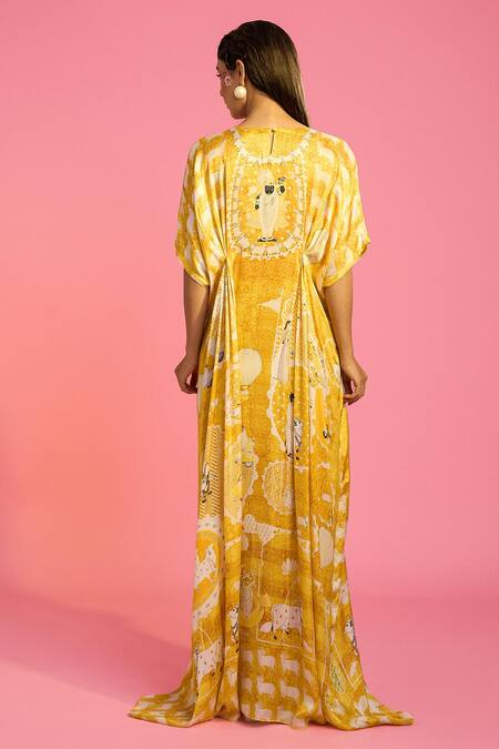 Shop The Boozy Button Yellow Silk Round Neck Temple Print Pleated Kaftan at Aza Fashions Shop_The Boozy Button_Yellow Silk Round Neck Temple Print Pleated Kaftan_at_Aza_Fashions