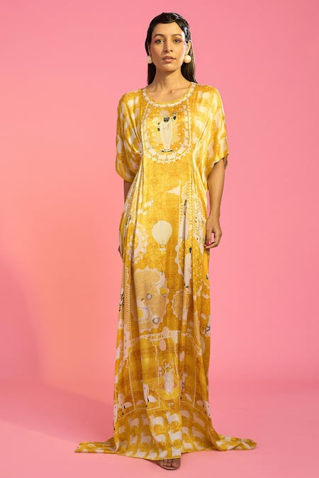 The Boozy Button Yellow Silk Round Neck Temple Print Pleated Kaftan Online at Aza Fashions The Boozy Button_Yellow Silk Round Neck Temple Print Pleated Kaftan_Online_at_Aza_Fashions