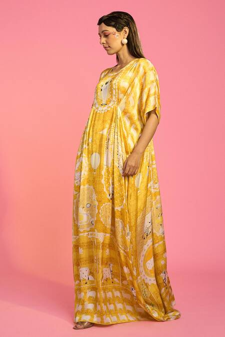 Buy The Boozy Button Yellow Silk Round Neck Temple Print Pleated Kaftan Online at Aza Fashions Buy_The Boozy Button_Yellow Silk Round Neck Temple Print Pleated Kaftan_Online_at_Aza_Fashions