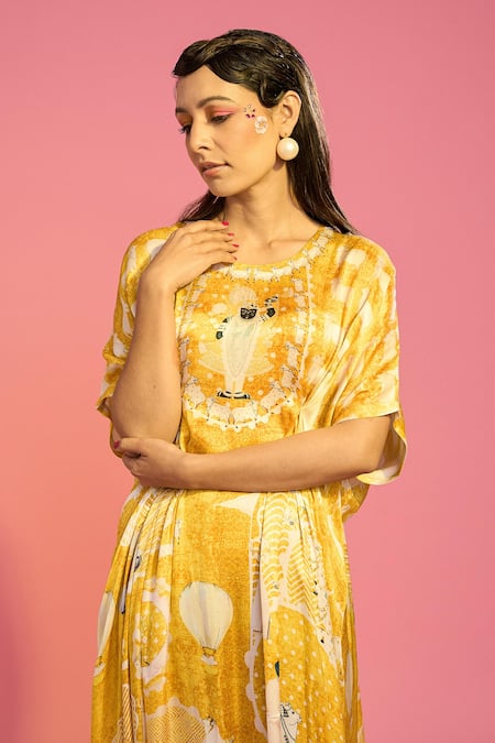 Shop The Boozy Button Yellow Silk Round Neck Temple Print Pleated Kaftan Online at Aza Fashions Shop_The Boozy Button_Yellow Silk Round Neck Temple Print Pleated Kaftan_Online_at_Aza_Fashions