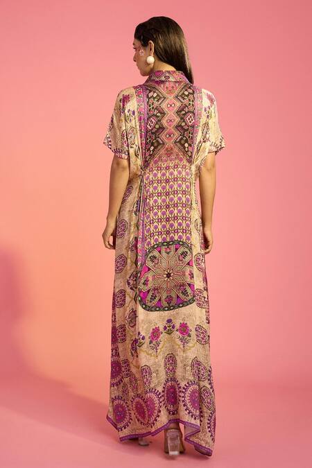 Shop The Boozy Button Brown Silk Collared Mughal Floral Print Kaftan at Aza Fashions Shop_The Boozy Button_Brown Silk Collared Mughal Floral Print Kaftan_at_Aza_Fashions