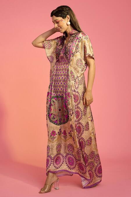 The Boozy Button Brown Silk Collared Mughal Floral Print Kaftan Online at Aza Fashions The Boozy Button_Brown Silk Collared Mughal Floral Print Kaftan_Online_at_Aza_Fashions