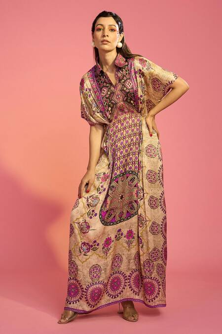 Buy The Boozy Button Brown Silk Collared Mughal Floral Print Kaftan Online at Aza Fashions Buy_The Boozy Button_Brown Silk Collared Mughal Floral Print Kaftan_Online_at_Aza_Fashions