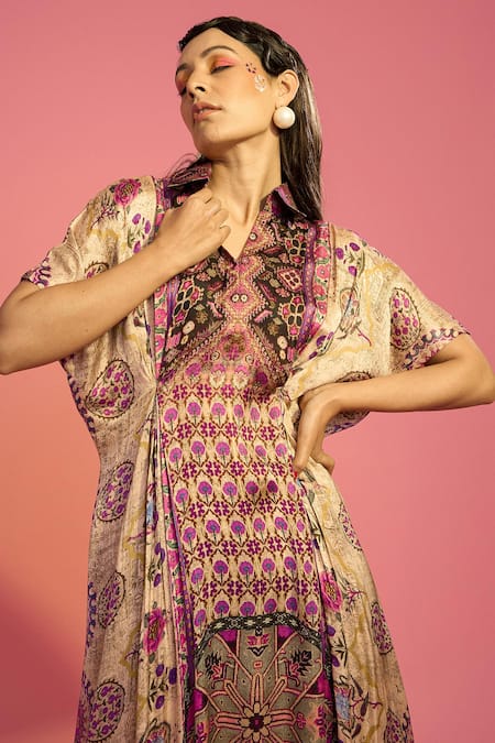 Shop The Boozy Button Brown Silk Collared Mughal Floral Print Kaftan Online at Aza Fashions Shop_The Boozy Button_Brown Silk Collared Mughal Floral Print Kaftan_Online_at_Aza_Fashions