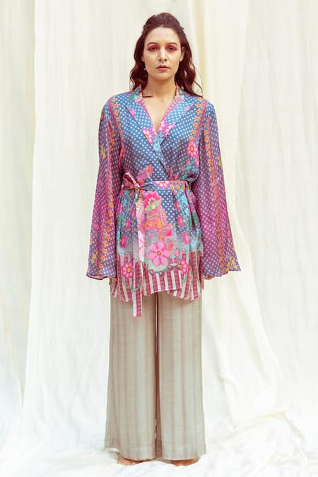 The Boozy Button Multi Color Moroccan Silk Printed Floral Notched Lapel Wrap Top And Pant Set 