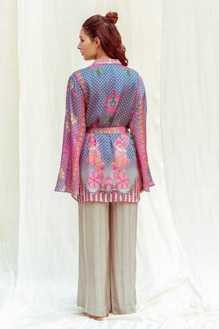 Shop_The Boozy Button_Multi Color Silk Collared Floral Polka Dot Wrap Top And Pant Set_at_Aza_Fashions
