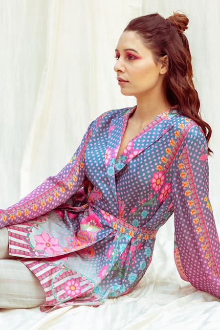 The Boozy Button_Multi Color Silk Collared Floral Polka Dot Wrap Top And Pant Set_Online_at_Aza_Fashions