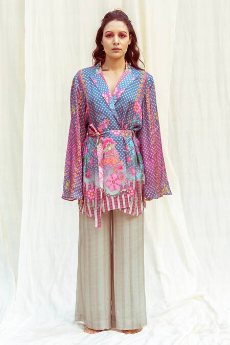 The Boozy Button_Multi Color Silk Collared Floral Polka Dot Wrap Top And Pant Set_at_Aza_Fashions