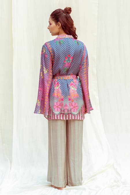 Buy_The Boozy Button_Multi Color Silk Collared Floral Polka Dot Wrap Top And Pant Set