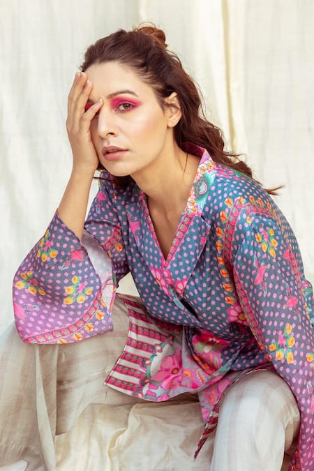 Shop_The Boozy Button_Multi Color Silk Collared Floral Polka Dot Wrap Top And Pant Set