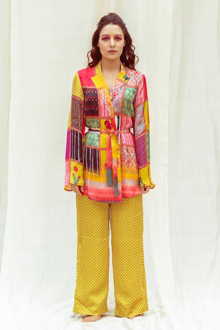 The Boozy Button Multi Color Silk Collared Mixed Print Wrap Top And Pant Set Online at Aza Fashions The Boozy Button_Multi Color Silk Collared Mixed Print Wrap Top And Pant Set_Online_at_Aza_Fashions