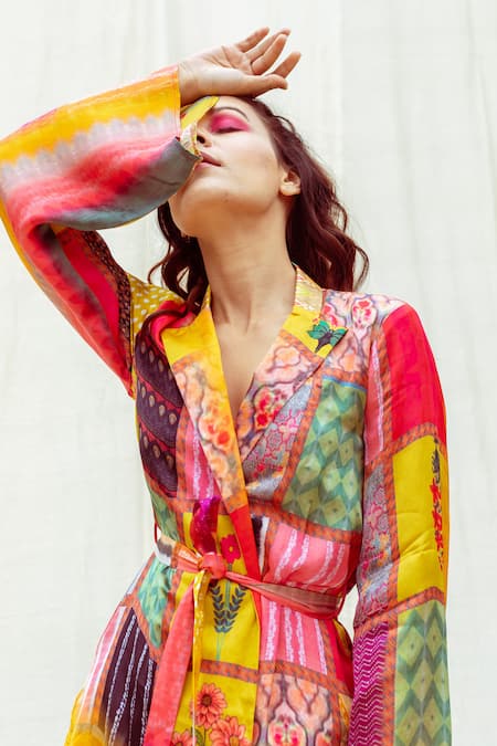 Buy The Boozy Button Multi Color Silk Collared Mixed Print Wrap Top And Pant Set Online at Aza Fashions Buy_The Boozy Button_Multi Color Silk Collared Mixed Print Wrap Top And Pant Set_Online_at_Aza_Fashions