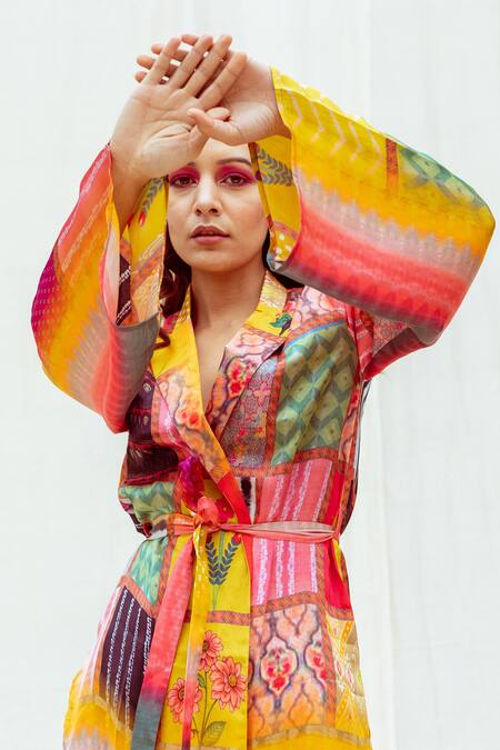 Shop The Boozy Button Multi Color Silk Collared Mixed Print Wrap Top And Pant Set Online at Aza Fashions Shop_The Boozy Button_Multi Color Silk Collared Mixed Print Wrap Top And Pant Set_Online_at_Aza_Fashions