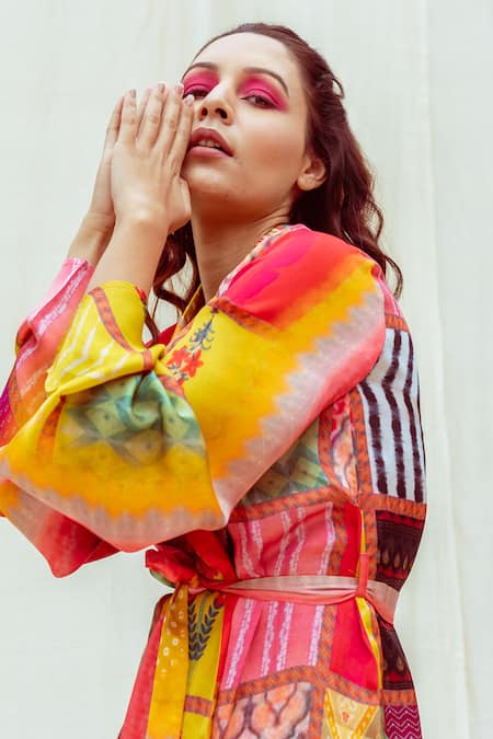 The Boozy Button Multi Color Silk Collared Mixed Print Wrap Top And Pant Set at Aza Fashions The Boozy Button_Multi Color Silk Collared Mixed Print Wrap Top And Pant Set_at_Aza_Fashions