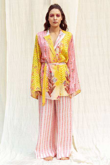 Buy The Boozy Button Multi Color Silk Embroidery Collared Floral Print Wrap Top And Pant Set Online at Aza Fashions Buy_The Boozy Button_Multi Color Silk Embroidery Collared Floral Print Wrap Top And Pant Set_Online_at_Aza_Fashions