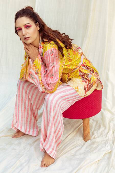 Shop The Boozy Button Multi Color Silk Embroidery Collared Floral Print Wrap Top And Pant Set Online at Aza Fashions Shop_The Boozy Button_Multi Color Silk Embroidery Collared Floral Print Wrap Top And Pant Set_Online_at_Aza_Fashions