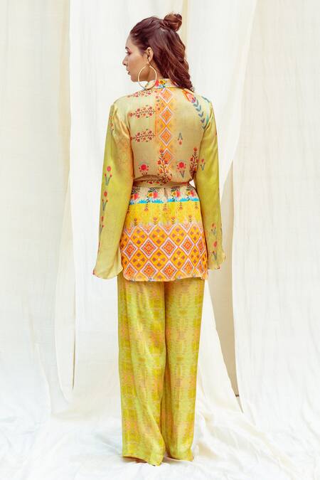 Shop The Boozy Button Multi Color Silk Embroidery Collared Botanical Print Wrap Top And Pant Set at Aza Fashions Shop_The Boozy Button_Multi Color Silk Embroidery Collared Botanical Print Wrap Top And Pant Set_at_Aza_Fashions