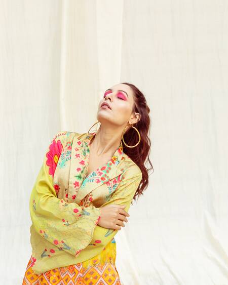 The Boozy Button Multi Color Silk Embroidery Collared Botanical Print Wrap Top And Pant Set Online at Aza Fashions The Boozy Button_Multi Color Silk Embroidery Collared Botanical Print Wrap Top And Pant Set_Online_at_Aza_Fashions