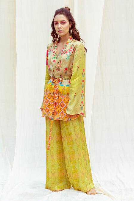 Buy The Boozy Button Multi Color Silk Embroidery Collared Botanical Print Wrap Top And Pant Set Online at Aza Fashions Buy_The Boozy Button_Multi Color Silk Embroidery Collared Botanical Print Wrap Top And Pant Set_Online_at_Aza_Fashions