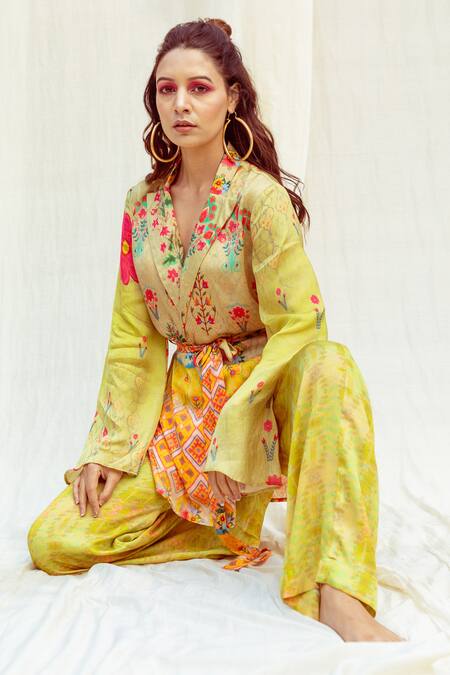 Shop The Boozy Button Multi Color Silk Embroidery Collared Botanical Print Wrap Top And Pant Set Online at Aza Fashions Shop_The Boozy Button_Multi Color Silk Embroidery Collared Botanical Print Wrap Top And Pant Set_Online_at_Aza_Fashions
