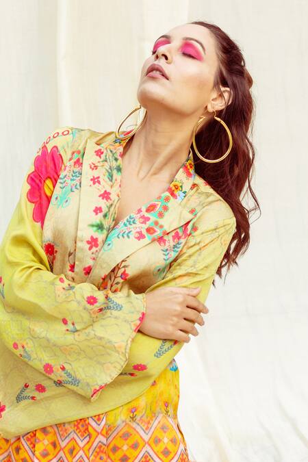The Boozy Button Multi Color Silk Embroidery Collared Botanical Print Wrap Top And Pant Set at Aza Fashions The Boozy Button_Multi Color Silk Embroidery Collared Botanical Print Wrap Top And Pant Set_at_Aza_Fashions