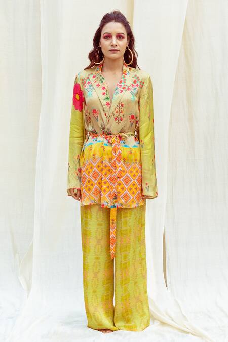 Buy The Boozy Button Multi Color Silk Embroidery Collared Botanical Print Wrap Top And Pant Set Buy_The Boozy Button_Multi Color Silk Embroidery Collared Botanical Print Wrap Top And Pant Set